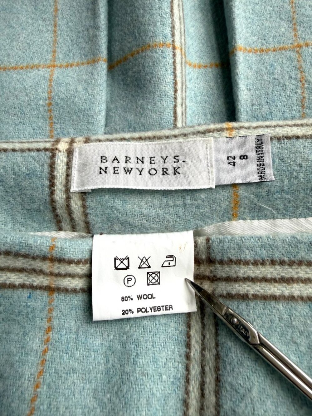 Barneys NY Plaid Skirt Wool Blend Pencil Skirt Light Blue Brown (8) - Picture 6 of 10